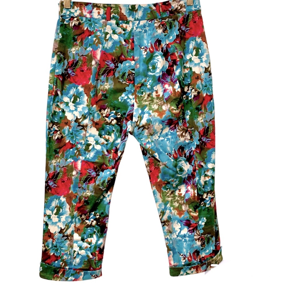 Lindy Bop Retro Kendra Capris High Waist Floral Blue Watercolor Cuffed UK12/US8